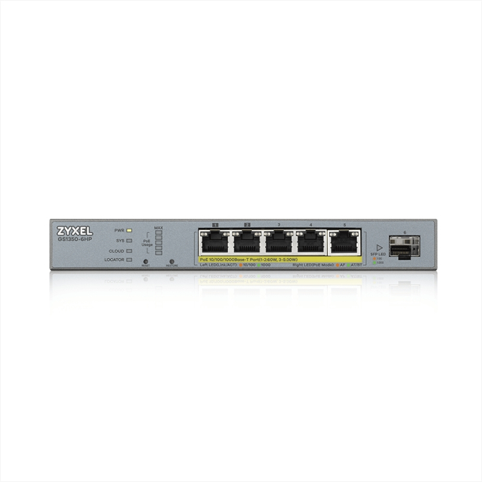 ZyXEL GS1350-6HP, 6 Port managed CCTV PoE switch, long range, 60W, 802.3BT (тъмнейл - 1)