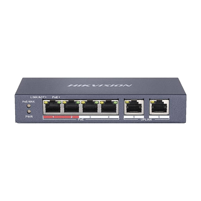 HikVision 6 Port Fast Ethernet Unmanaged POE Switch, 4x 10/100 Mbps PoE port, 2x 10/100 Mbps RJ45 port, Power Budget 60W, Up to 300 m Long Range PoE Transmission