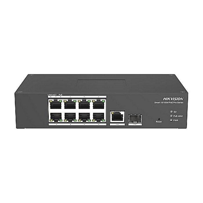 HikVision 10 Port Fast Ethernet Smart Harsh POE Switch, 8x 10/100 Mbps PoE port, 1x Gigabit RJ45 port, 1x Gigabit fiber optical port, Power Budget 110W, Up to 300 m Long Range PoE Transmission, -30 °C to 65 °C wide temperature range на супер цена