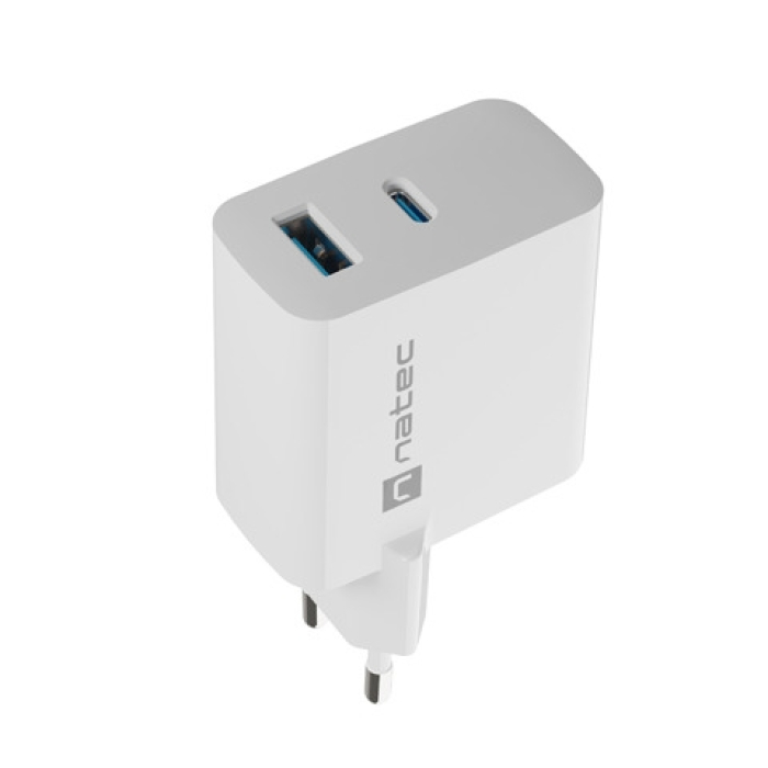 Natec USB Charger Ribera Gan 1X USB-A + 1X USB-C 45W, White (тъмнейл - 1)