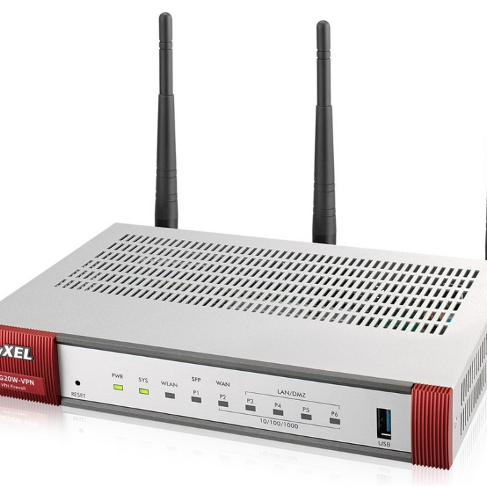 ZyXEL USG20W-VPN Firewall, 802.11ac/n Wireless (3x3/80MHz), 10x VPN (IPSec/L2TP), up to 15 SSL (5 included), 1x WAN, 1x SFP, 4x LAN/DMZ, 1x USB port, Optional: Content Filtering, Antispam (licenses)