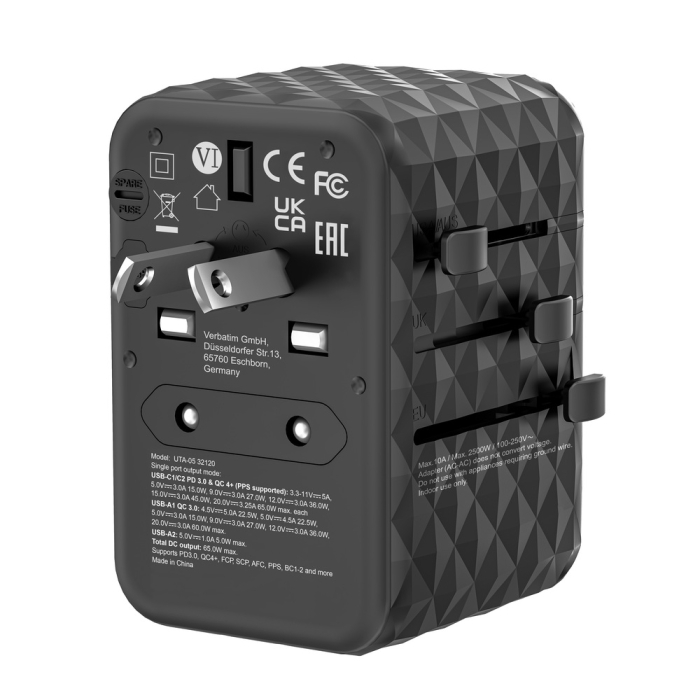 Verbatim UTA-05 GaN III Universal Travel Adapter with 2 x USB-C PD 65W & QC 4+ / 2 x USB-A (тъмнейл - 2)