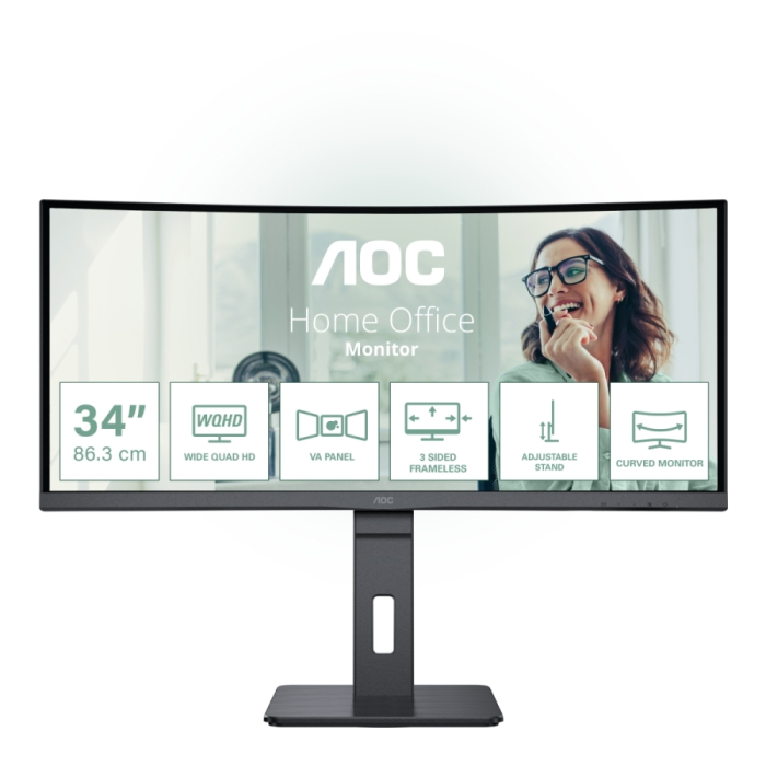 AOC CU34P3CV, 34" VA WLED, Curved 1500R, 3440x1440@100Hz, 4ms GtG, 1ms MPRT, 300cd m/2, DCR 3000:1, 50M:1, AdaptiveSync, FlickerFree, Low Blue Light, 5Wx2, Tilt, Height Adjust, Swivel, HDMI, DP, USB hub