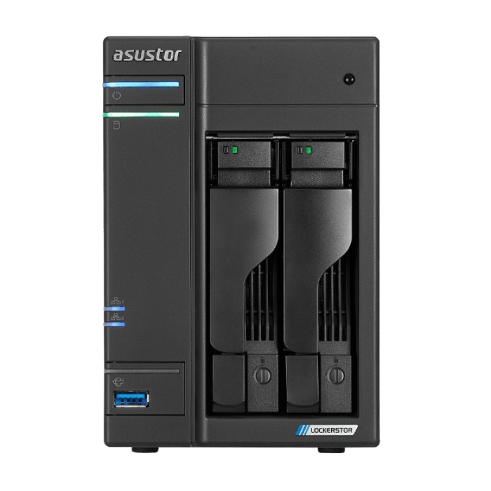 Asustor Lockerstore 2 AS6602T, 2-Bay NAS, Intel Apollo Lake Quad-Core J4125 up to 2.7GHz, 4 GB SO-DIMM DDR4, M.2 Slots (2280 NVMe SSD) x2, GbE x 2, USB 3.2 x 3, HDMI 2.0, WOW (Wake on WAN), WOL, System Sleep Mode, AES-NI hardware encryption