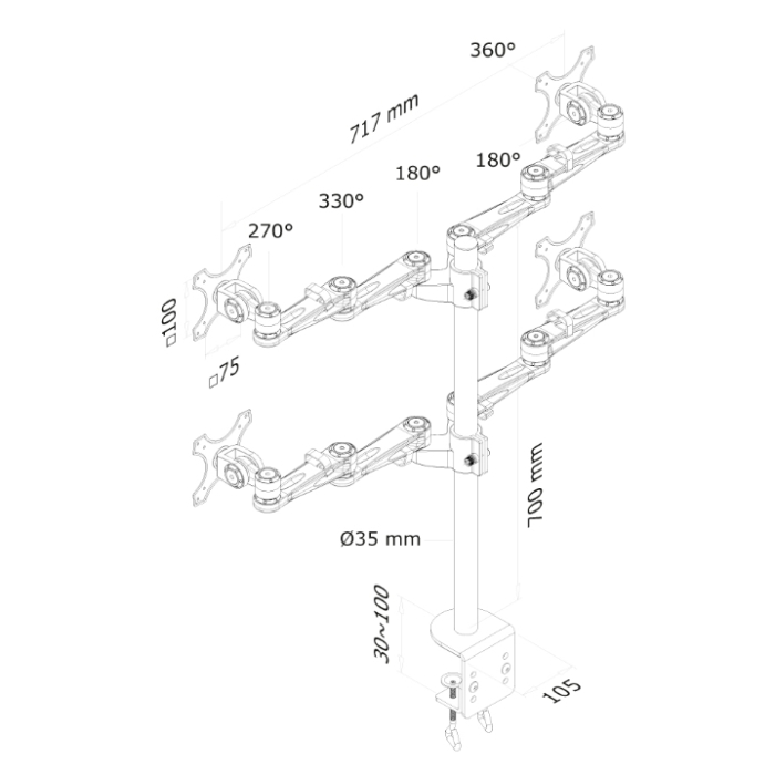 Neomounts by NewStar Flat Screen Desk Mount (clamp) for 4 Monitor Screens (тъмнейл - 2)