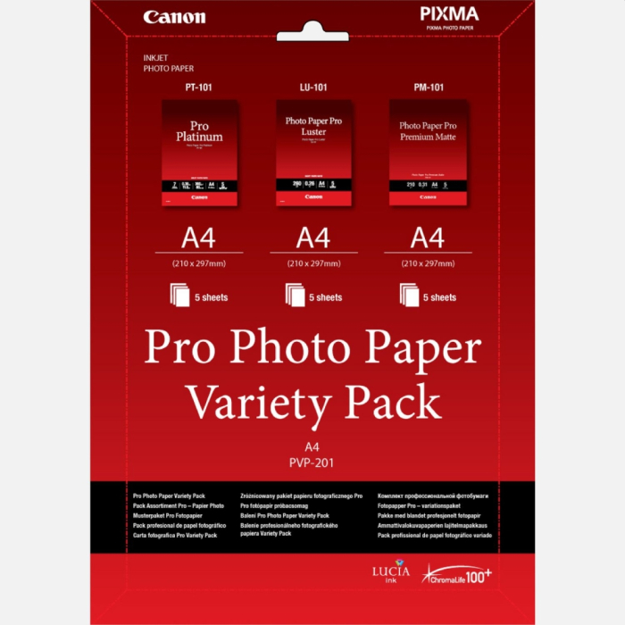 Canon Pro Photo Paper Variety Pack PVP-201, A4 (5xPT-101, 5xLU-101, 5xPM-101) на супер цена