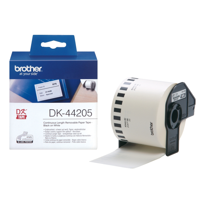 Brother DK-44205 White Removable Paper Tape 62 mm x 30.48 m, Black on White