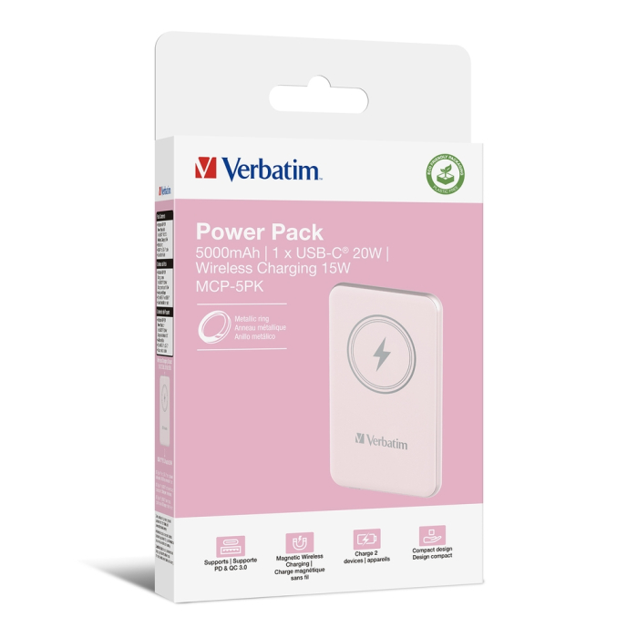 Verbatim MCP-5PK Power Pack 5000 mAh with UBS-C® PD 20W / Magnetic Wireless Charging 15W Pink (тъмнейл - 3)