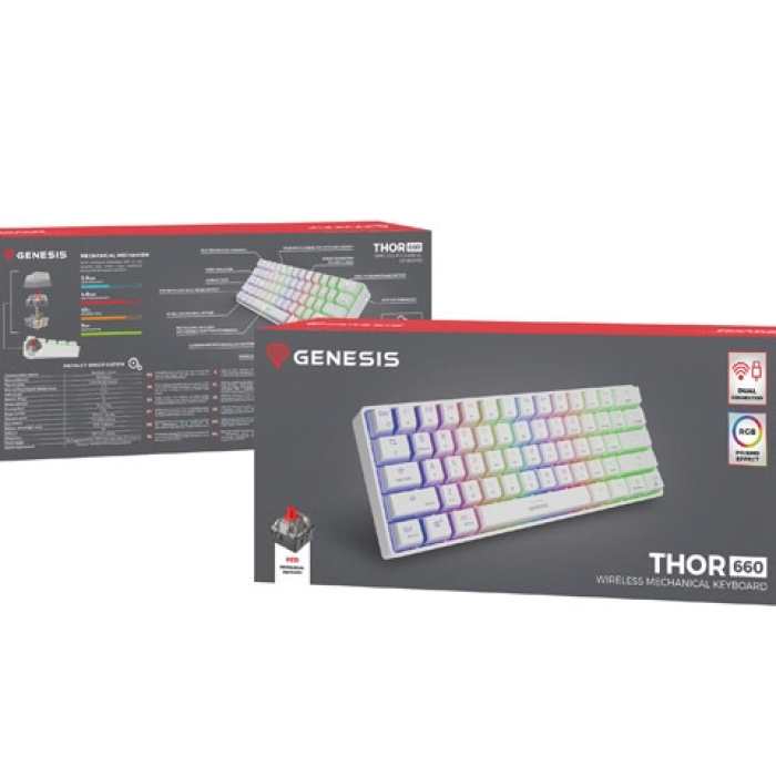 Genesis Mechanical Gaming Keyboard Thor 660 Wireless RGB Backligtht Gateron Red White (тъмнейл - 1)