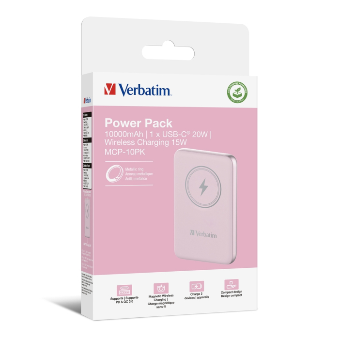 Verbatim MCP-10PK Power Pack 10000 mAh with UBS-C® PD 20W / Magnetic Wireless Charging 15W Pink (тъмнейл - 3)