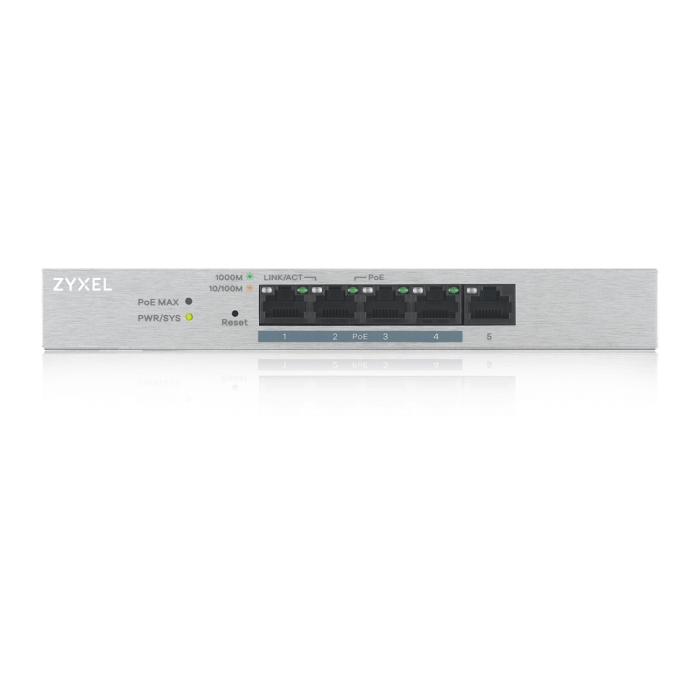 ZyXEL GS1200-5HPv2, 5 Port Gigabit PoE+ webmanaged Switch, 4x PoE, 60 Watt (тъмнейл - 1)