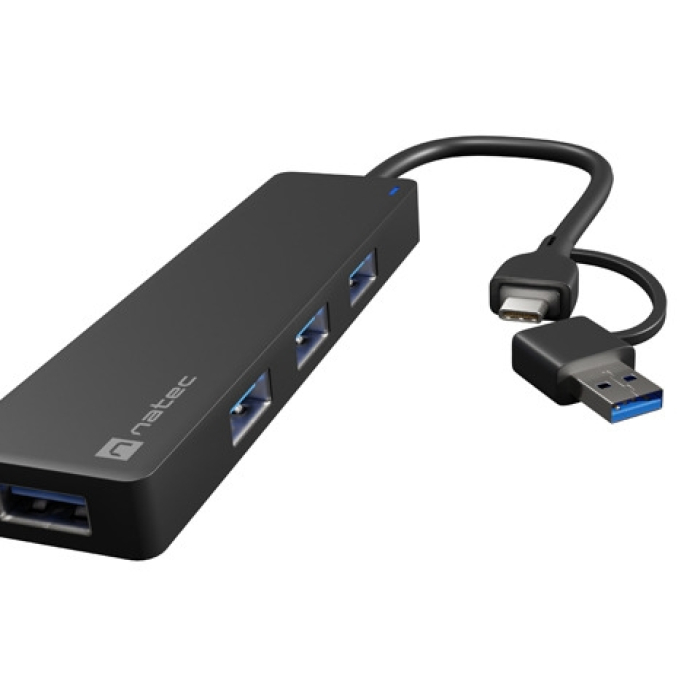 Natec Hub Mayfly USB-C 3.0 4 Port + USB-A Adapter Black (тъмнейл - 3)