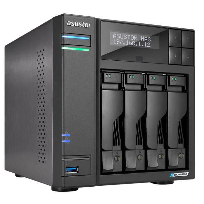 Asustor Lockerstor AS6704T, 4 Bay NAS, Intel Jasper Lake Quad-Core 2.0GHz, 4GB RAM DDR4, 2.5GbE x 2, M.2 SSD Slotsx4 (Diskless), USB 3.2 Gen 2x2, Toolless installation, with hot-swappable tray, hardware encryption, MyArchive, EZ connect, EZ Sync, Black (тъмнейл - 1)