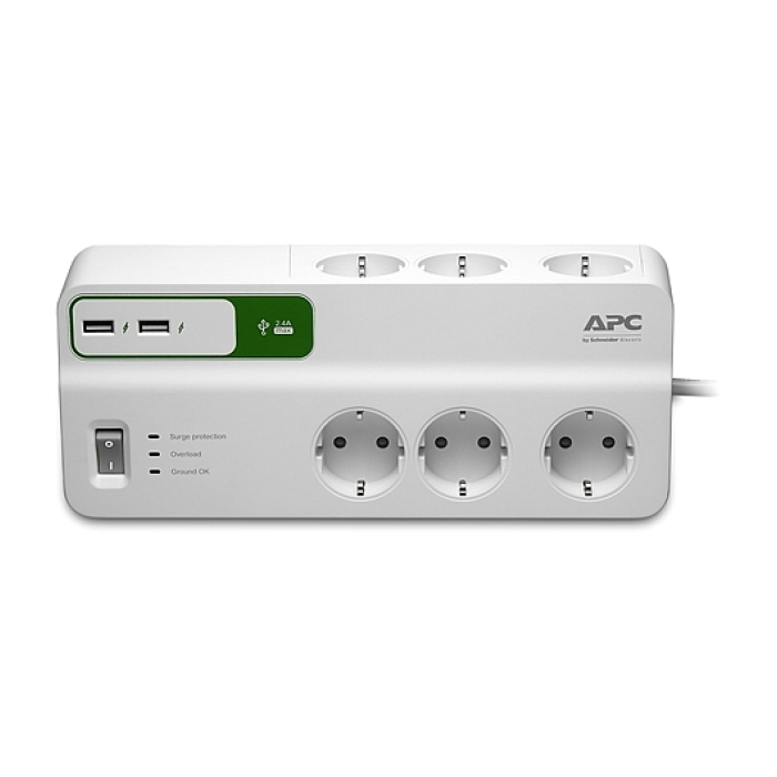 APC Essential SurgeArrest 6 outlets with 5V, 2.4A 2 port USB charger, 230V Germany