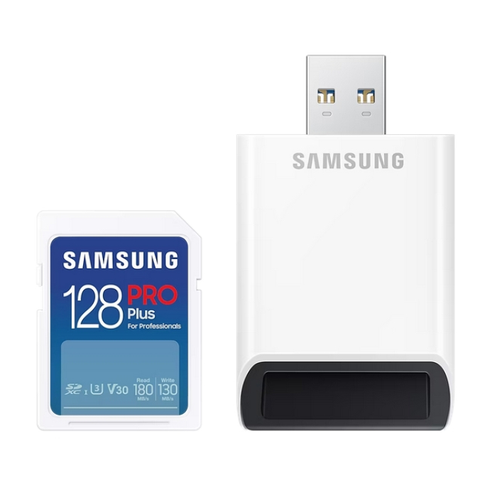 Samsung 128GB SD Card PRO Plus with USB Reader, Class10, Read 180MB/s - Write 130MB/s