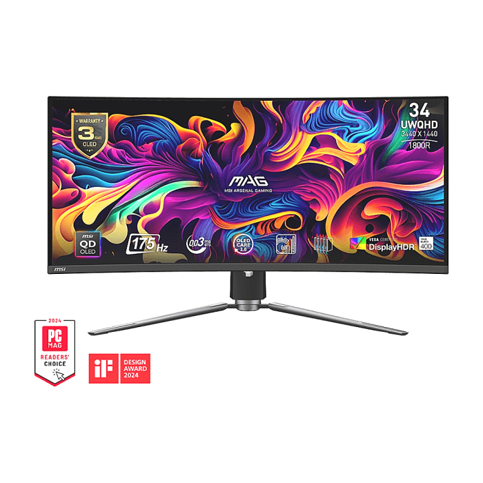 MSI MAG 341CQP QD-OLED, 34", 175Hz, 0.03ms, UWQHD 3440x1440, Oled Care 2.0, Fanless Design with Graphene, ClearMR 9000, HDR True Black 400, KVM, 250 nits, 1500000:1, 100M;1, DP (1.4a), 2x HDMI (2.1), Type-C (DP alt. PD 15W), USB HUB, Adj.Stand 100mm