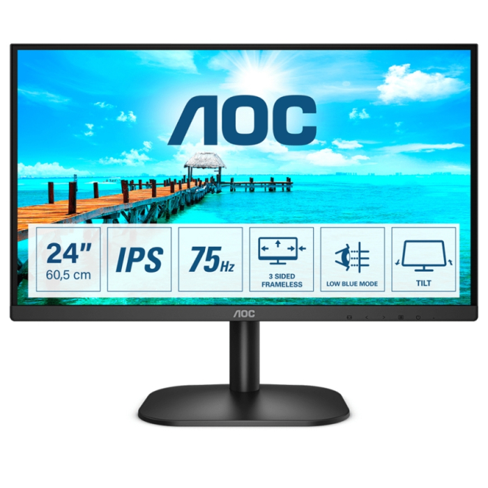 AOC 24B2XDA, 23.8" IPS WLED, 1920x1080@75Hz, 4ms GTG, 250cd/m2, 1000:1, DC20M:1, Adaptive Sync, FlickerFree, Low Blue Light, 2Wx2, Tilt, D-SUB, DVI, HDMI