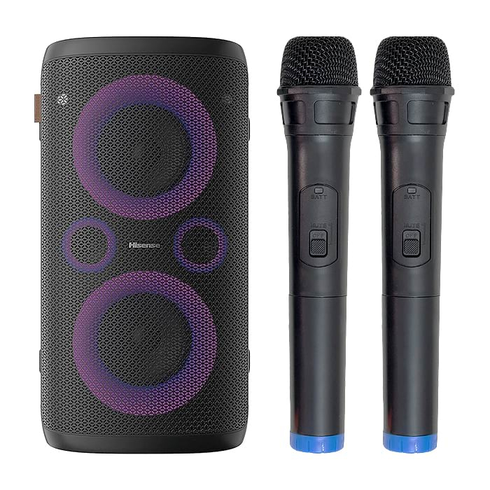 Hisense Party Rocker One Plus (HP110) Bluetooth Speaker with 300W Power, Built-in Woofer, Karaoke Mode, Built-in Wireless Charging Pad, AUX Input and Output, USB, 15 Hour Long-Lasting Battery 4 x 2500Ah, 2x mics included на супер цена