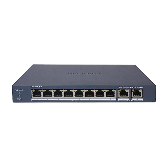 HikVision 10 Port Gigabit Smart POE Switch, 8x Gigabit PoE port, 2x Gigabit RJ45 port, Power Budget 60W, Up to 300 m Long Range PoE Transmission