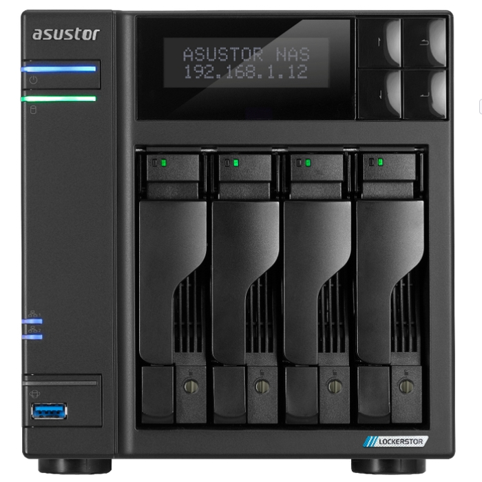 Asustor Lockerstor AS6704T, 4 Bay NAS, Intel Jasper Lake Quad-Core 2.0GHz, 4GB RAM DDR4, 2.5GbE x 2, M.2 SSD Slotsx4 (Diskless), USB 3.2 Gen 2x2, Toolless installation, with hot-swappable tray, hardware encryption, MyArchive, EZ connect, EZ Sync, Black на супер цена