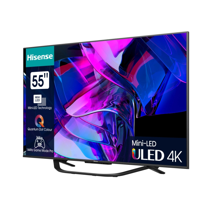 Hisense 55" U7KQ, 4K Ultra HD 3840x2160, ULED, FALD, Quantum Dot, 144Hz, IPS, HDR 10+, HLG, Dolby Vision IQ, Dolby Atmos, Smart TV, WiFi 5GHz, WiFi Direct, BT, Anyview Cast, 4xHDMI, 2xUSB, LAN, CI+, DVB-T2/C/S2, Black (тъмнейл - 2)