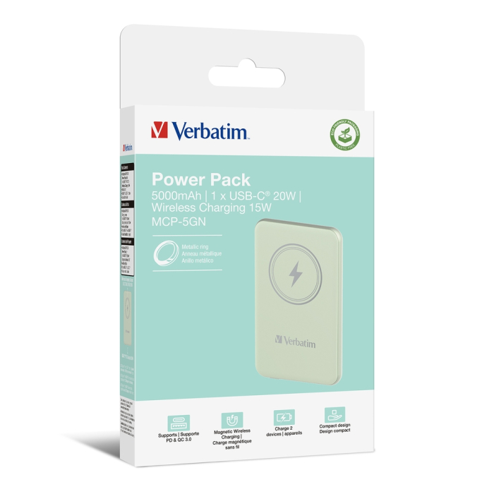 Verbatim MCP-5GN Power Pack 5000 mAh with UBS-C® PD 20W / Magnetic Wireless Charging 15W Green (тъмнейл - 3)