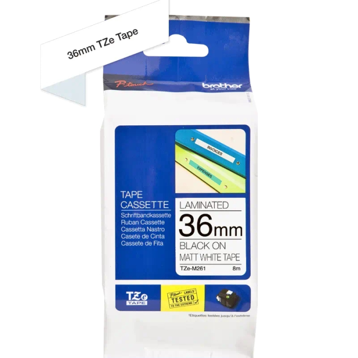 Brother TZe-M261 Matt Laminated Labelling Tape Cassette – Black on White, 36mm wide