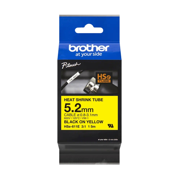 Brother HSe-611E 5.2mm Black on Yellow Heat Shrink Tape на супер цена