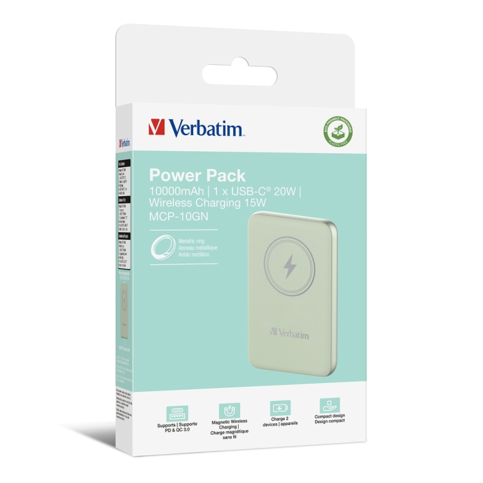 Verbatim MCP-10GN Power Pack 10000 mAh with UBS-C® PD 20W / Magnetic Wireless Charging 15W Green (тъмнейл - 3)