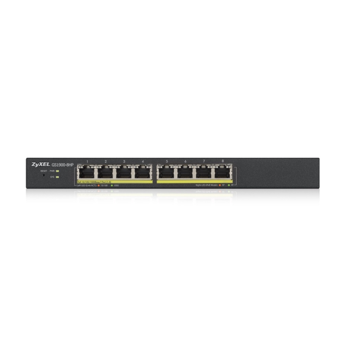 ZyXEL GS1900-8HP, 8-port GbE L2 PoE Smart Switch, 802.3at, desktop, fanless, 70 Watt (тъмнейл - 1)