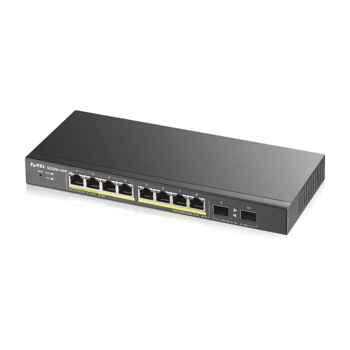 ZyXEL GS1900-10HP v2, 8-port GbE L2 PoE Smart Switch + 2 SFP slots, 802.3at, desktop, fanless, 70 Watt (тъмнейл - 2)