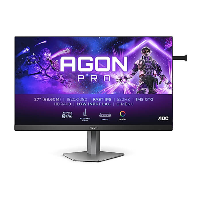 AOC AG276FK, 27" Fast IPS WLED, 1920x1080@520Hz, 0.5ms GtG, 0.3ms MPRT, 400cd m/2, 1000:1, 80M:1 DCR, Adaptive Sync, FlickerFree, Low Blue Light, 5Wx 2, Tilt, Height Adjust, Pivot, Swivel, 2xHDMI, 2xDP, USB hub ID 89508 (тъмнейл - 2)