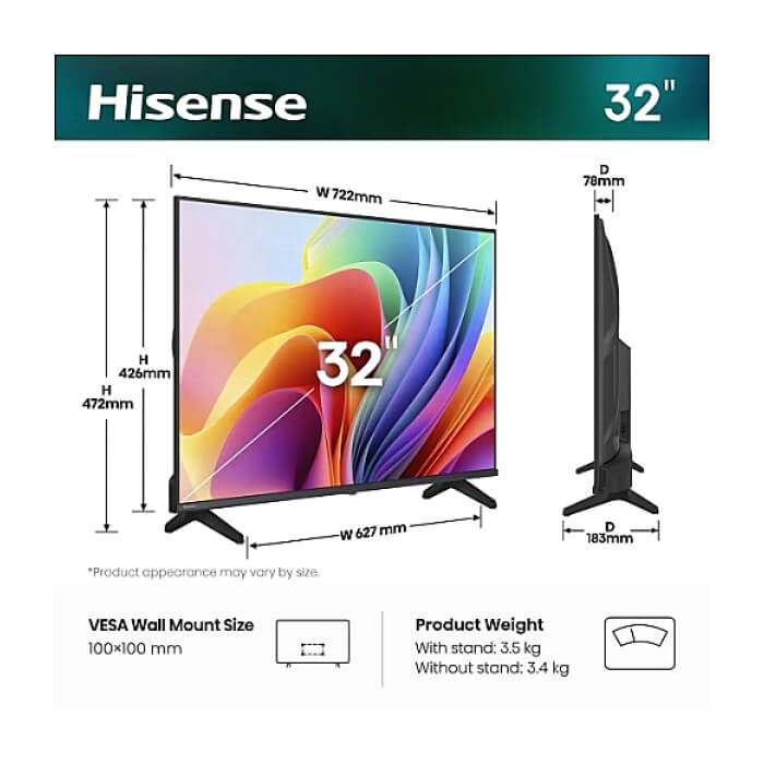 Hisense 32" A4S, HD 1366x768,3000:1, DLED, HLG, DTS Virtual X, Smart TV, WiFi, WiFi Direct, BT, VIDAA U7,Anyview Cast, 2xHDMI, 2xUSB, LAN, CI+, DVB-T2/C/S2, Black ID 97240 (тъмнейл - 2)