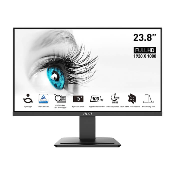 MSI PRO MP2412, 23.8", 100Hz, 1920x1080 FHD, VA, 1ms MPRT, 4ms GTG, 4000:1 CONTRAST RATIO, Anti-glare, 1x HDMI, 1x DP, VESA 75, Tilt, 300 cd/m2, 113% (CIE 1976), VESA 75mm, Display Kit App, T?V certified anti-flicker, 9S6-3BA9CH-042 ID 65039 на супер цена от GT Computers MSI PRO MP2412, 23.8", 100Hz, 1920x1080 FHD, VA, 1ms MPRT, 4ms GTG, 4000:1 CONTRAST RATIO, Anti-glare, 1x HDMI, 1x DP, VESA 75, Tilt, 300 cd/m2, 113% (CIE 1976), VESA 75mm, Display Kit App, T?V certified anti-flicker, 9S6-3BA9CH-042 ID 65039 на супер цена