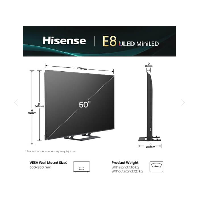 Hisense 50" E8Q, 4K Ultra HD 3840x2160, ULED, Quantum Dot,144 Hz,HDR 10+, HLG, Dolby Vision, DTS Virtual X, Smart TV, WiFi, Light Sensor, BT, Anyview Cast, 4xHDMI, 2xUSB, LAN, CI+, DVB-T2/C/S2, Singale Stand, Black ID 89922 (тъмнейл - 2)