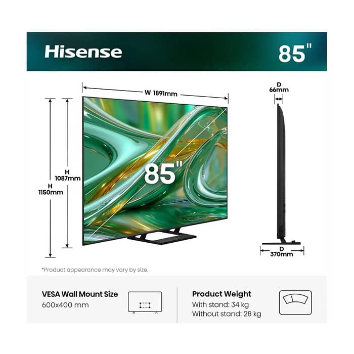 Hisense 85" E8S, 4K Ultra HD 3840x2160, ULED, Quantum Dot,144 Hz, HDR 10+, HLG, Dolby Vision, DTS Virtual X, Smart TV, Light Sensor, WiFi Direct, BT, Anyview Cast, 3xHDMI, 2xU ID 99367 (тъмнейл - 2)