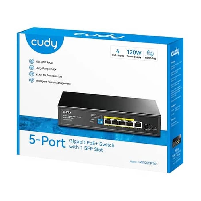 Cudy GS1005PTS1 5-Port Gigabit PoE+ Switch with 1 SFP Port 120W5-Port 10/100/1000M PoE+ Switch 120W, 4-Port 10/100/1000M PoE+ ports, Fanless, 120W Internal Power Supply (тъмнейл - 2)