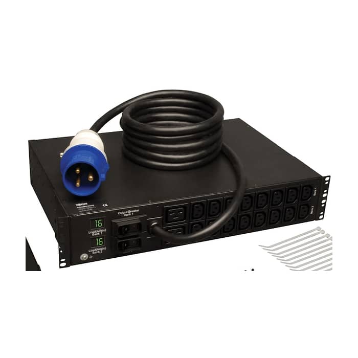Tripp Lite by Eaton 7.4kW Single-Phase Local Metered PDU, 230V Outlets (2-C19, 16-C13), IEC-309 230V 32A Blue, 12 ft. (3.66 m) Cord, 2U Rack-Mount, TAA (тъмнейл - 2)