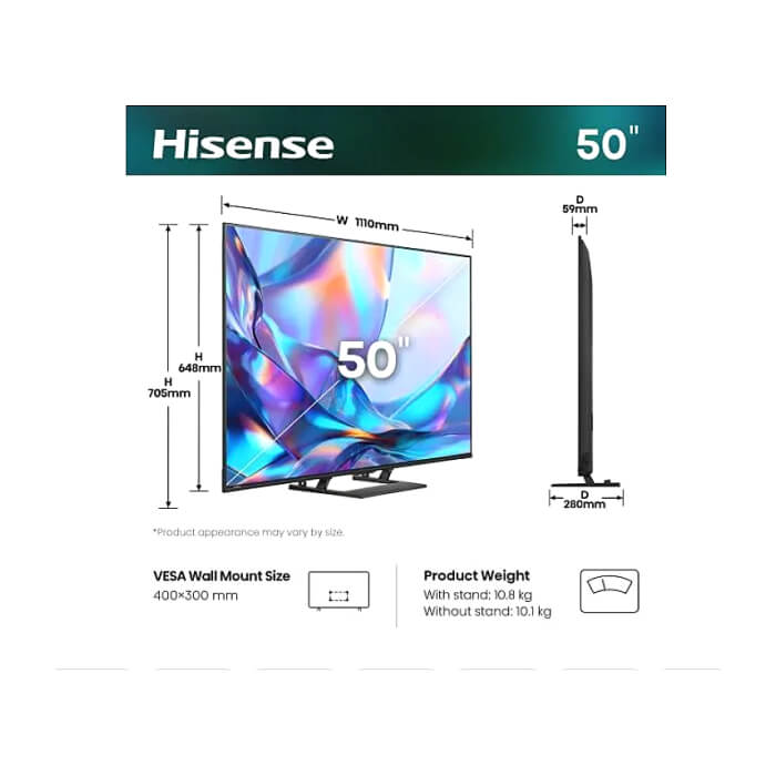 Hisense 50" A7S, 4K Ultra HD 3840x2160, QLED, FALD, Quantum Dot, HDR 10+, HLG, Dolby Vision, Dolby Atmos, Smart TV, WiFi 5GHz, WiFi Direct, BT, Anyview Cast, 3xHDMI, 2xUSB, LA ID 97301 (тъмнейл - 2)