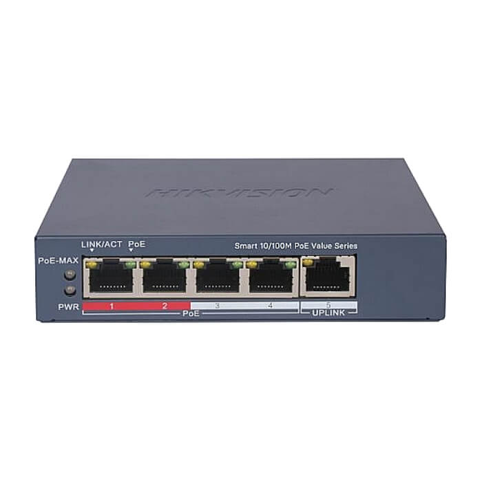 HikVision 4 Port Fast Ethernet Smart POE Switch, 4 x 10/100 Mbps PoE port, 1 x 10/100 Mbps RJ45 port, Total PoE Power Budget 45W, Up to 300 m Long Range PoE Transmission, 6 KV Surg