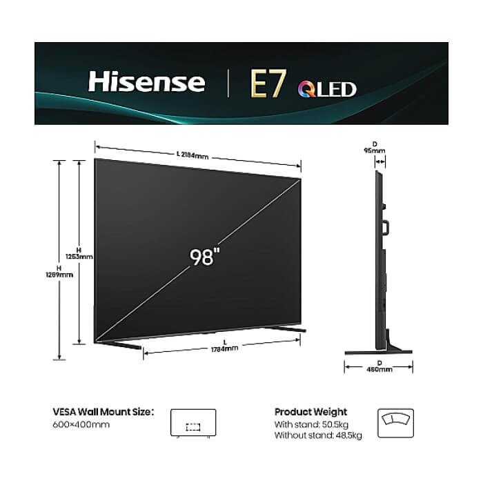 Hisense 98" E7Q, 4K Ultra HD 3840x2160, Quantum Dot, 144Hz, Light Sensor,IPS, HDR 10+, HLG, Dolby Vision IQ, Dolby Atmos, Smart TV, WiFi 5GHz, WiFi Direct, BT, Anyview Cast, 4 ID 92403 (тъмнейл - 2)