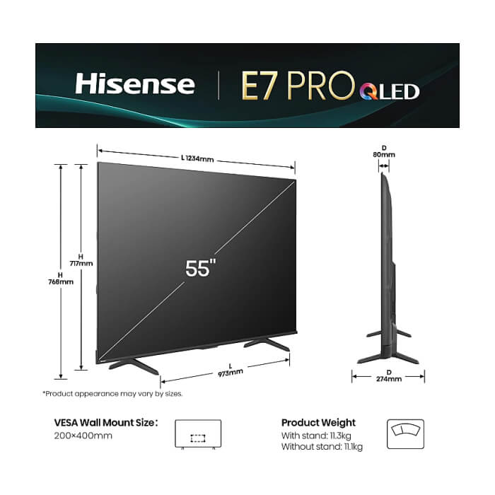 Hisense 55" E7Q Pro, 4K Ultra HD 3840x2160, QLED, Quantum Dot, 144Hz, HDR 10+ adaptive, HLG, Dolby Vision, DTS Virtual X, Smart TV, WiFi 5GHz, WiFi Direct, BT, Anyview Cast, 3 ID 92051 (тъмнейл - 2)