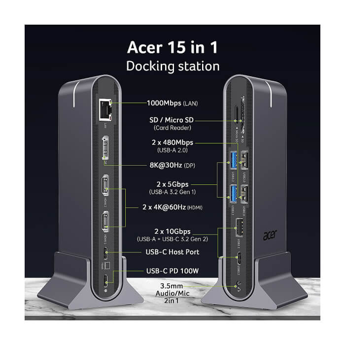 Acer Type C Universal docking station 15in1, 2 x HDMI 4K@60Hz, 1 x DP 8k@30Hz, 5 x USB A, 1 x USB C, 1 x RJ45, 1x SD /Micro SD, 1 x TF, 1 x Audio 3.5mm jack, Windows, ChromeOS, ma (тъмнейл - 5)