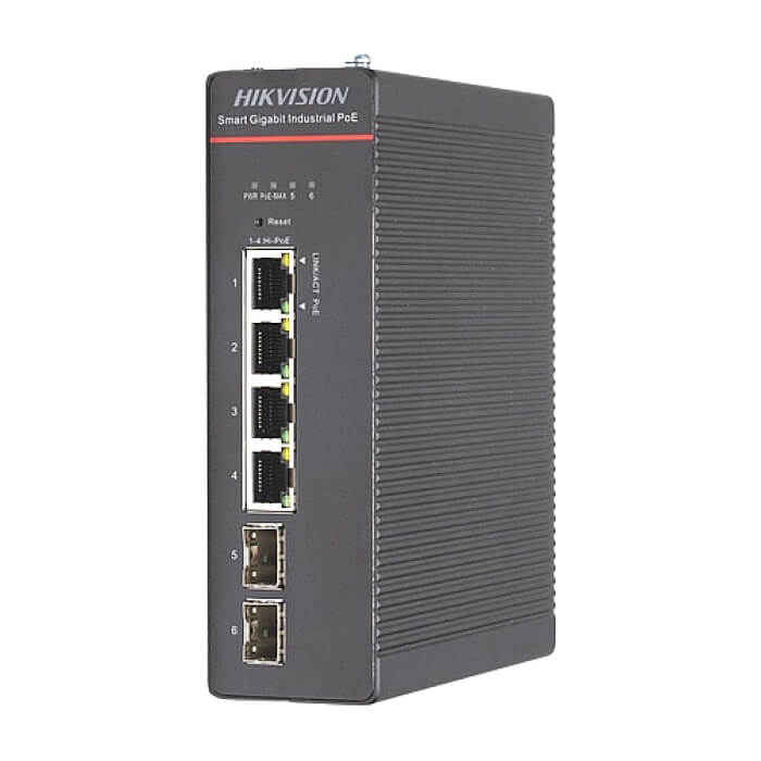 HikVision Industrial Smart Managed POE Switch, 4 x Gigabit PoE port, 2 x Gigabit fiber optical port, PoE Power Budget 300 W, Up to 300 m Long-range Transmission, 6 kV Surge Protect на супер цена