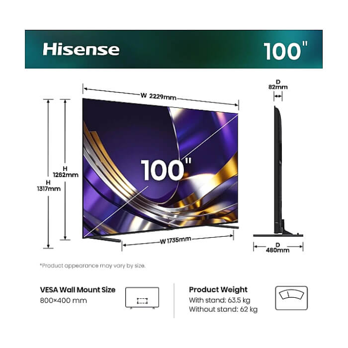 Hisense, 100'' U7S PRO,ULED -PRO Smart, FALD, 165Hz, 5000:1,Quantum Dot Pantone, Dolby vision IQ,Vidaa, ADS,4x HDMI 2.1),2.1.2 60W Devialet, Black ID 97410 (тъмнейл - 2)