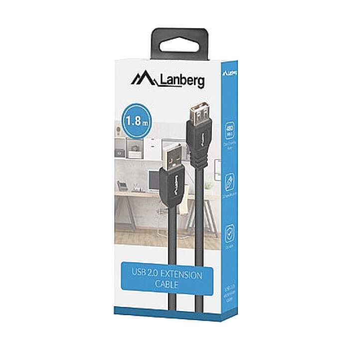 Кабел - Lanberg extension cable USB-A M/F 2.0, 1.8m, box, black ID 72652 (тъмнейл - 4)