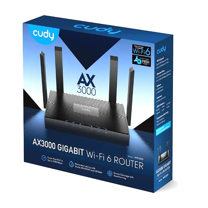 Cudy WR3000 AX3000 Gigabit Wi-Fi 6 Mesh Router 2402Mbps at 5GHz + 574Mbps at 2.4GHz, 4 x 10/100/1000Mbps Ports (тъмнейл - 5)