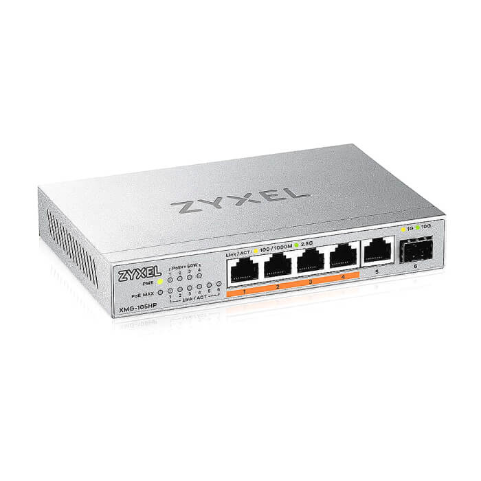 ZyXEL XMG-105 5 Ports 2,5G + 1 SFP+, 4 ports 70W total PoE++ Desktop MultiGig unmanaged Switch (тъмнейл - 2)