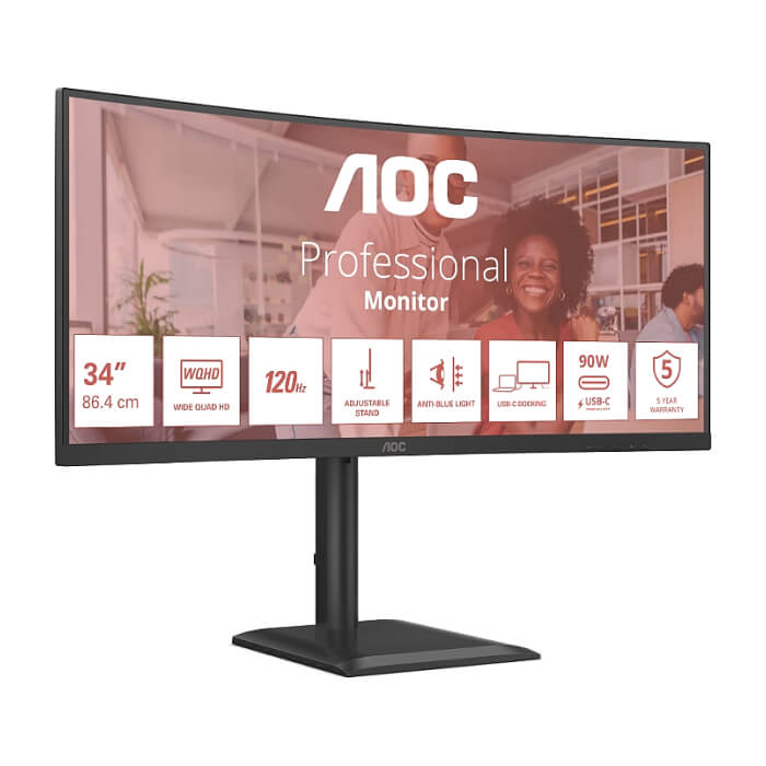 AOC CU34E4CV, 34" Curved 1500R VA WLED, 3440x1440@120Hz, 4ms GtG, 350cd m/2, 3500:1, 20M:1 DCR, Adaptive Sync, FlickerFree, Anti Blue Mode, 5Wx2, Tilt, Height Adjust, Swivel, ID 98301 (тъмнейл - 2)