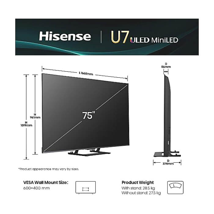 Hisense 75"U7Q, 4K Ultra HD 3840x2160, ULED, FALD, Quantum Dot, 144Hz, IPS, HDR 10+, HLG, Dolby Vision IQ, Dolby Atmos, Smart TV, WiFi 5GHz, WiFi Direct, BT, Anyview Cast,light sensor, 4xHDMI, 2xUSB, LAN, CI+, DVB-T2/C/S2, Black ID 89953 (тъмнейл - 2)